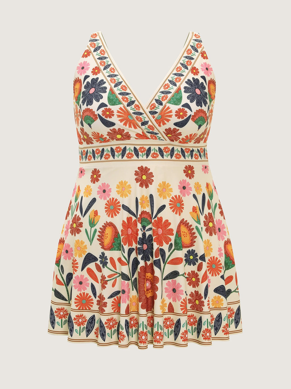 Floral Surplice Neckline Pockets Swim Dress