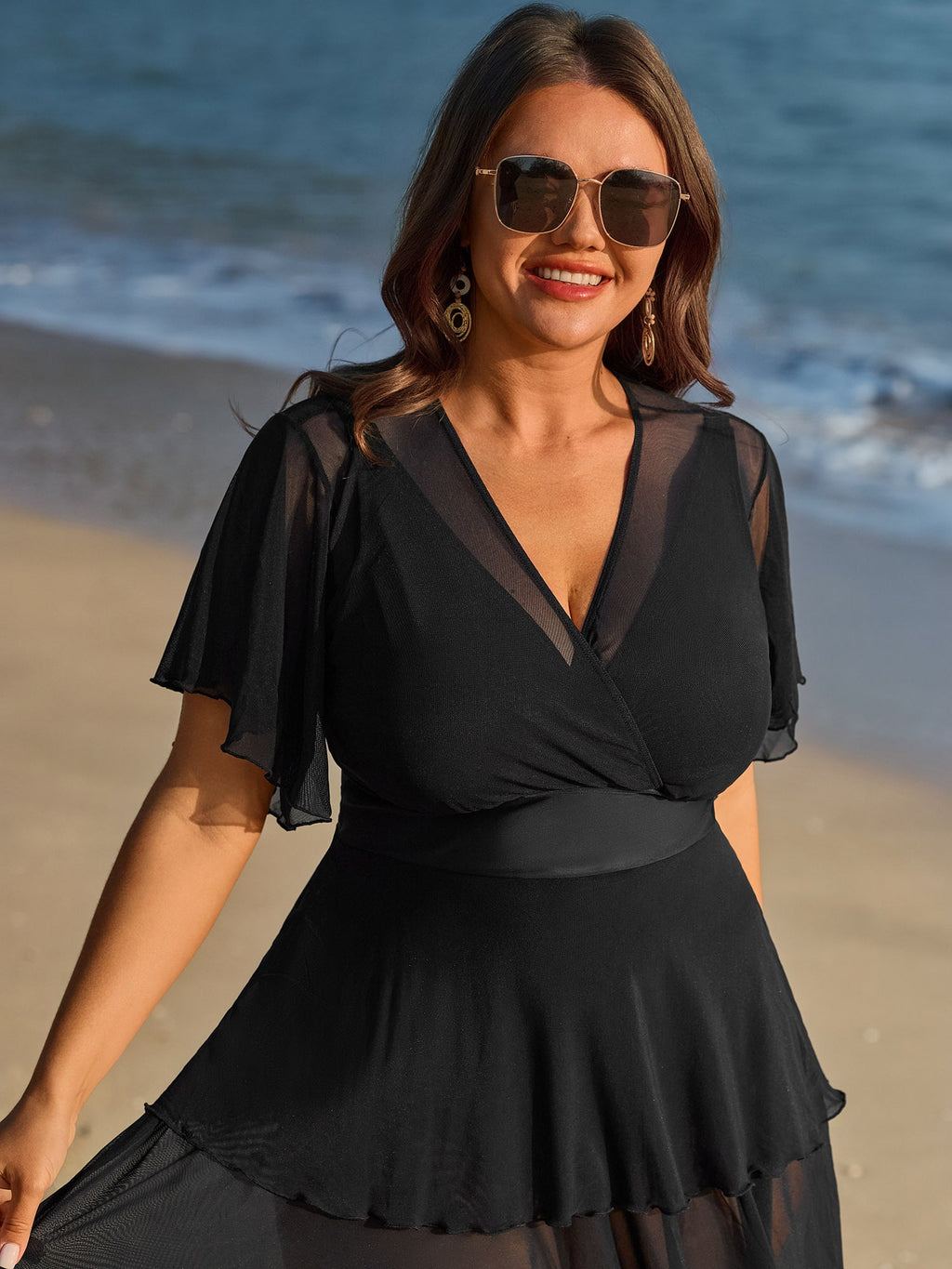 Sheer Ruffled Sleeve Layered Swim Dress
