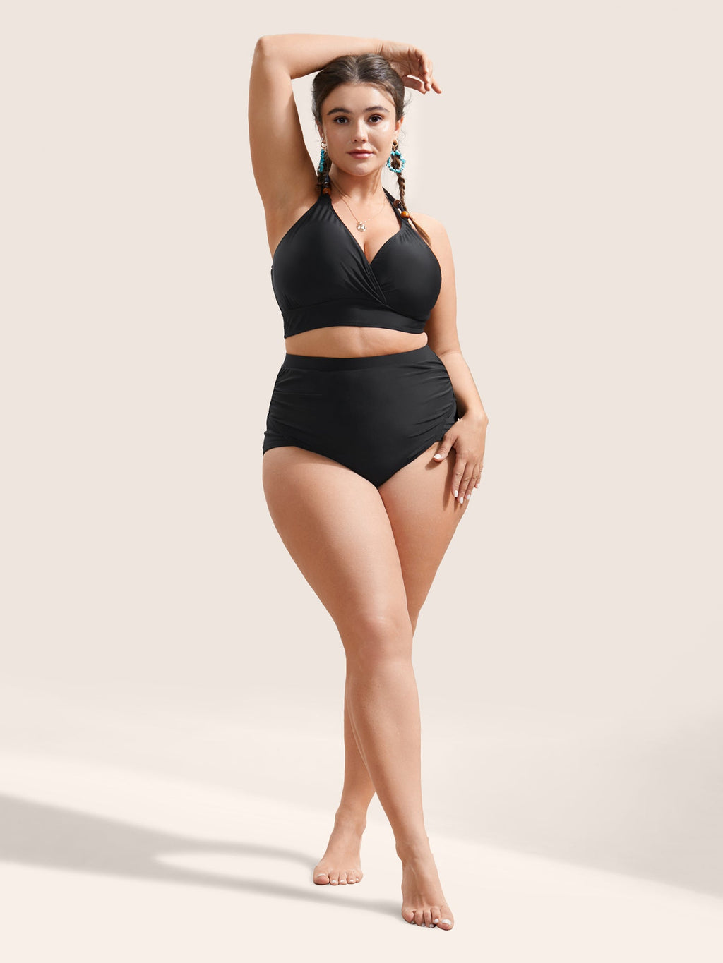Plain Ruched High-Waisted Bikini Bottom