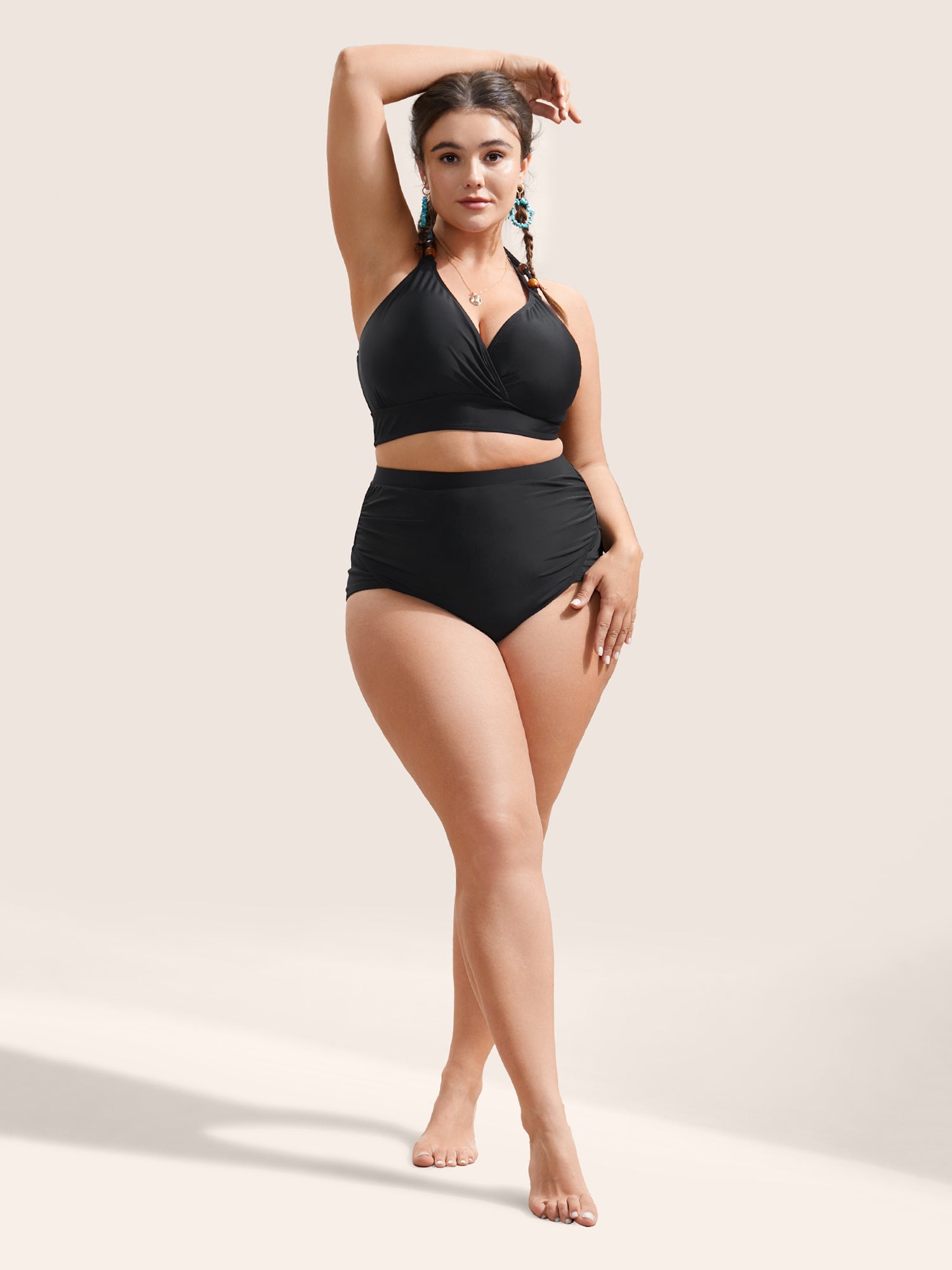 Plain Ruched High-Waisted Bikini Bottom