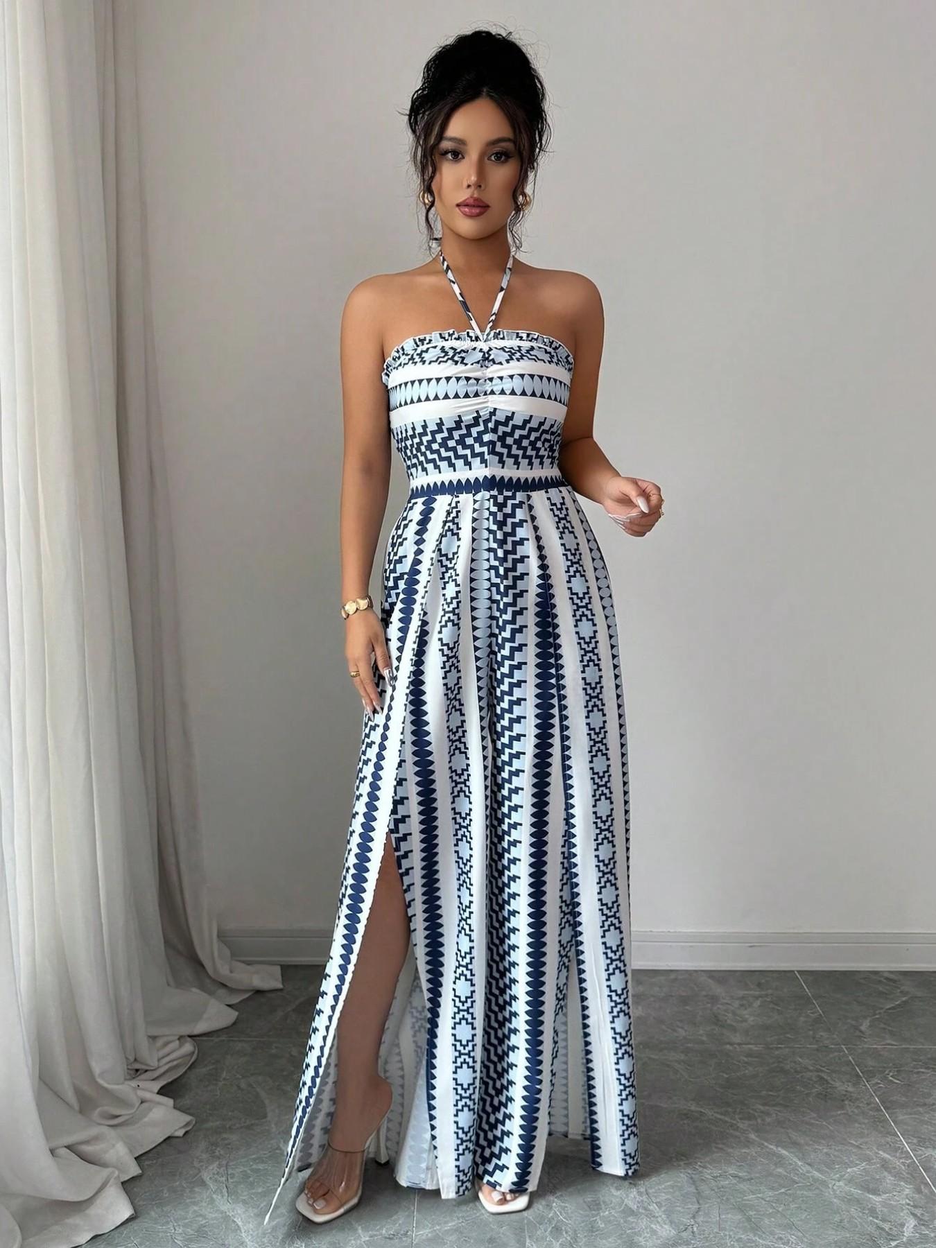 👗💙 Geometric Jumpsuit with Halter Neckline & Side Slit – 50% OFF! Perfect for Beach, Office & Evening. 🔥✨