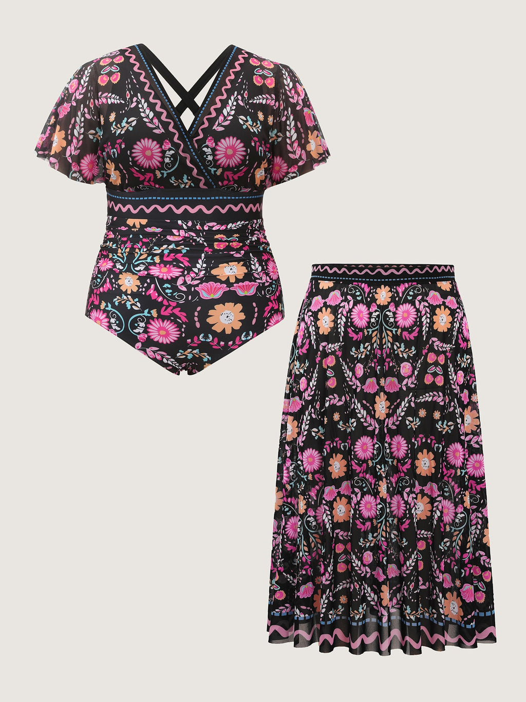 Sarong Set Floral Print One-Piece Swimsuit