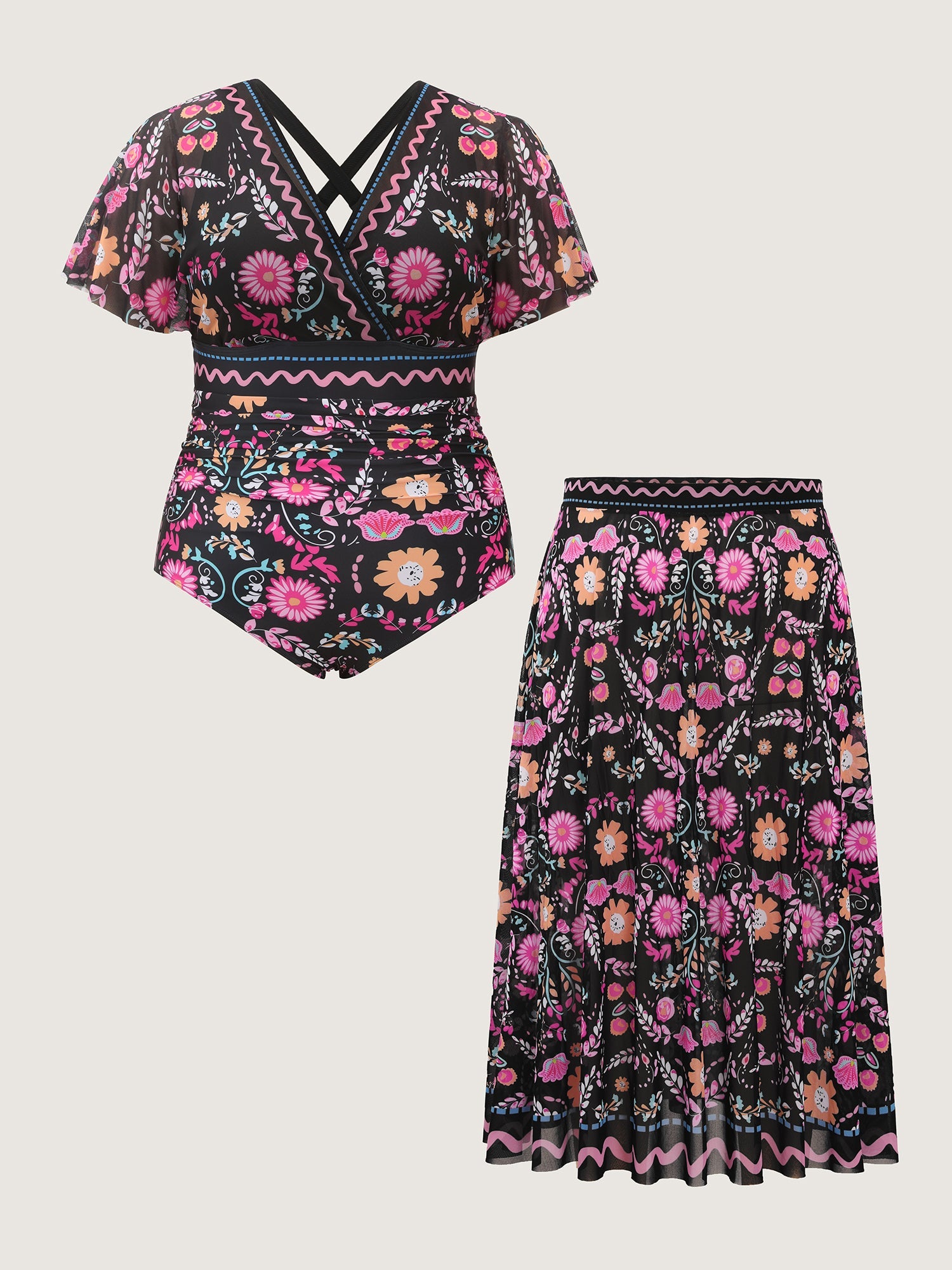 Sarong Set Floral Print One-Piece Swimsuit