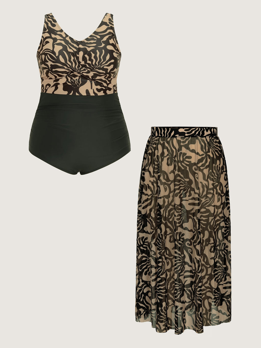Mesh Sarong Set Abstract Print One-Piece Swimsuit