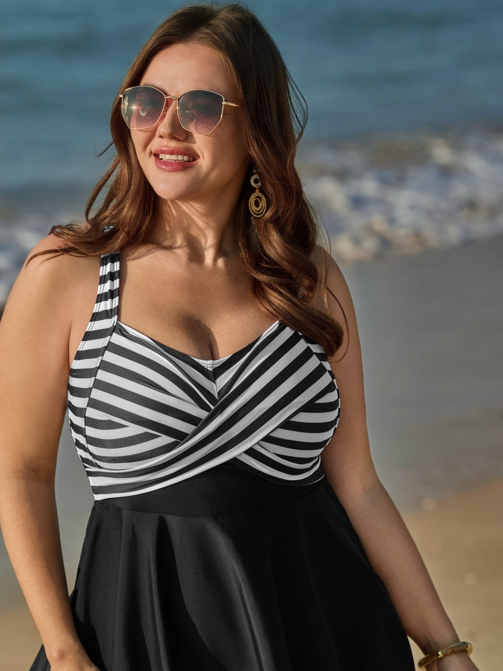 Striped Contrast Twist Front Swim Dress