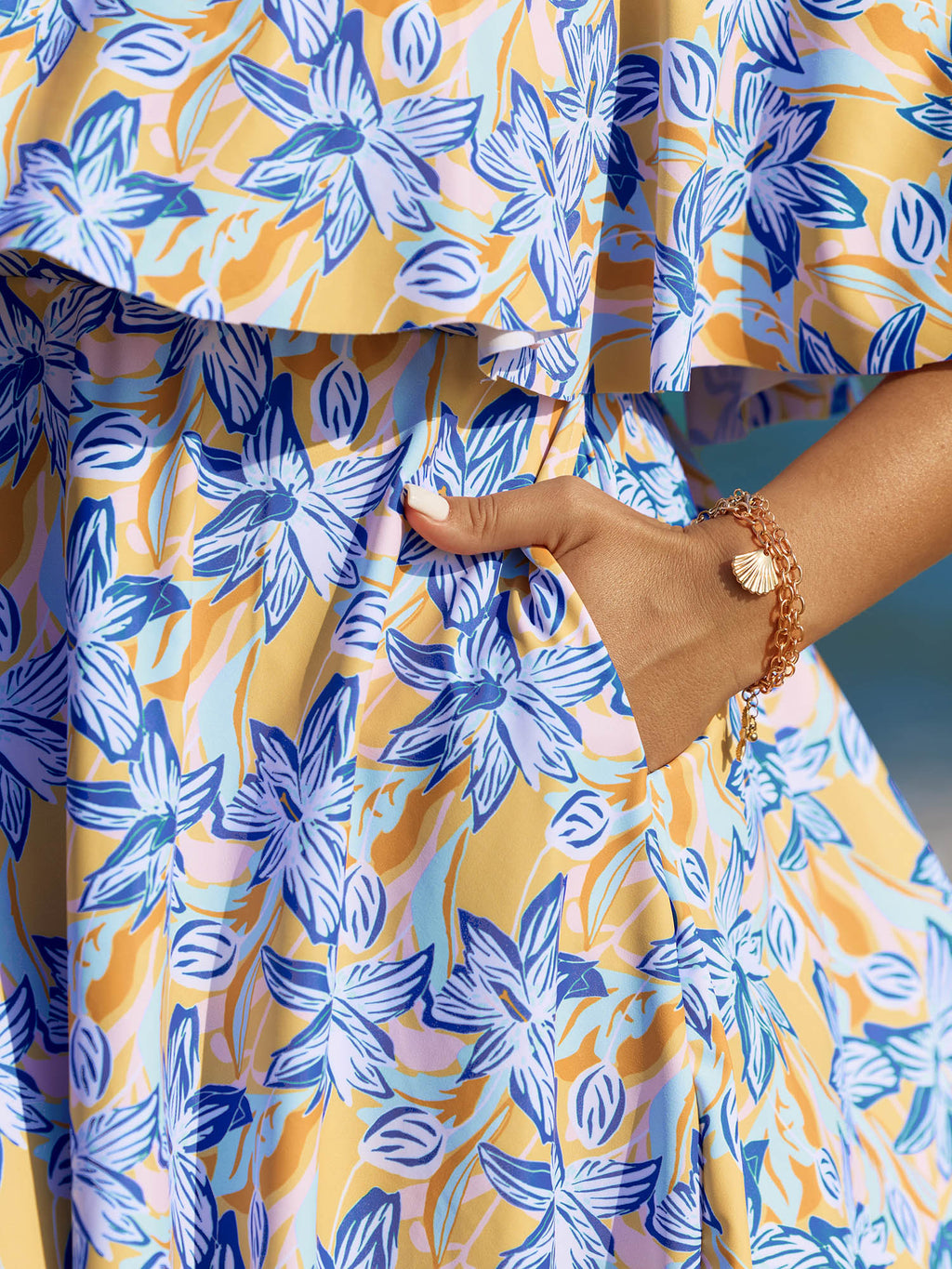 Floral Ruffle Trim Off Shoulder Pockets Swim Dress