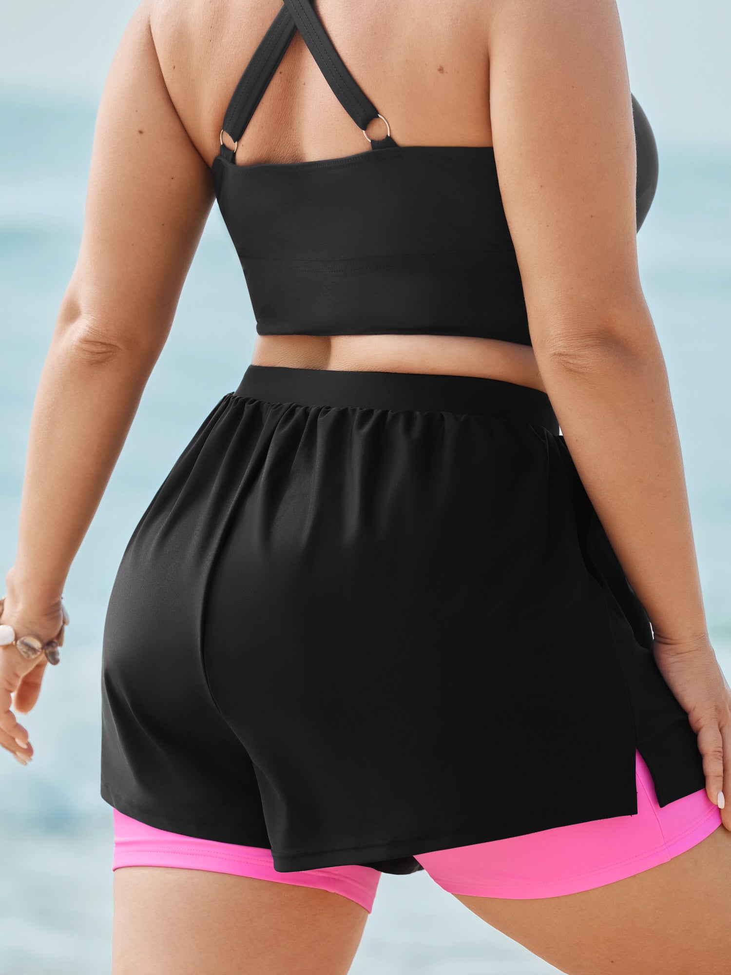 Color Contrast Layered Hem Pockets Swim Shorts