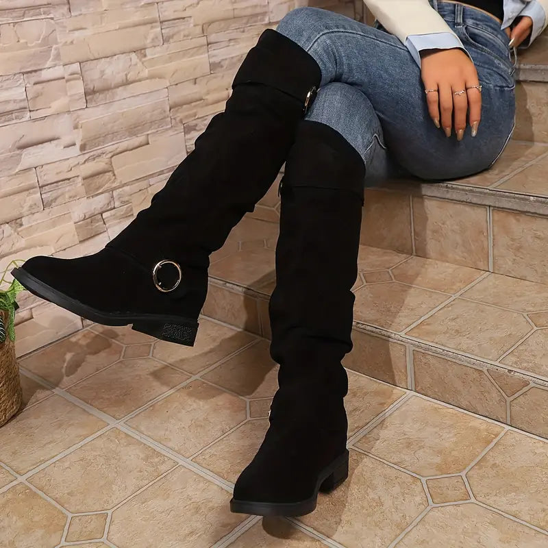 🎄Early Christmas Sale 55% Off❤️ Women's Buckle Belt Pull On Chunky Heel High Knee Boots, Winter Round Toe Slouchy Boots