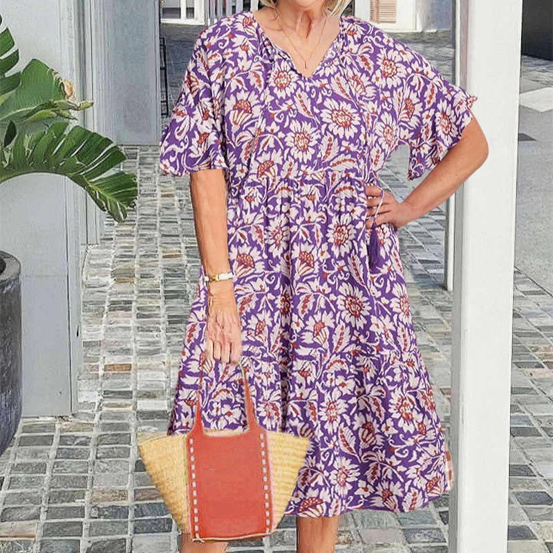 V-Neck Printed Midi Dress