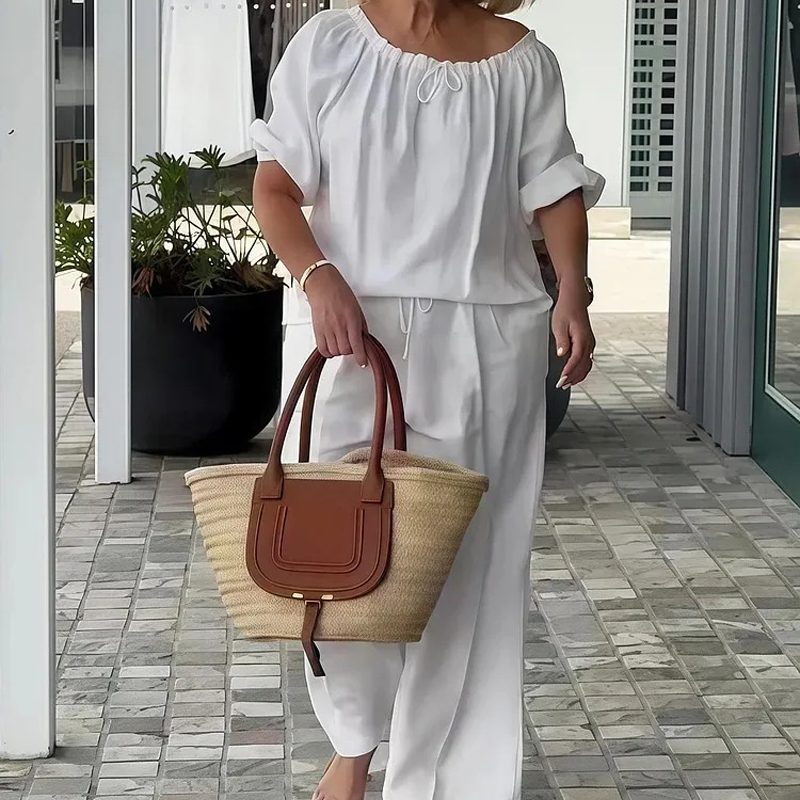 Drawstring Top & Pants-Women's Loungewear Set, Casual Daily Style