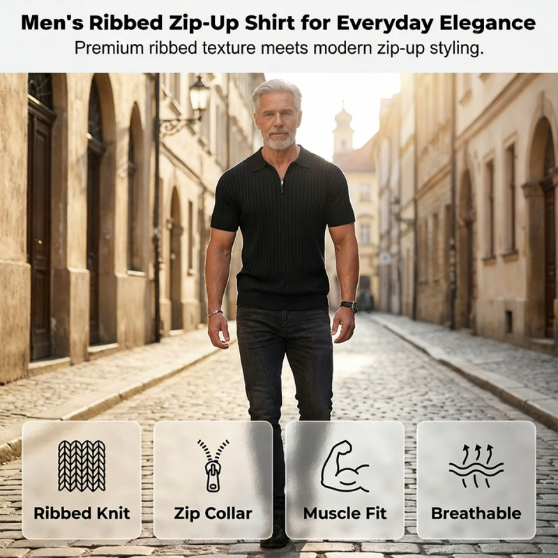 👕 LIMITED-TIME 50% OFF! ⚡ Men’s Ribbed Zip-Up Shirt – Muscle Fit, Stretch Knit, Modern Collar 🆒