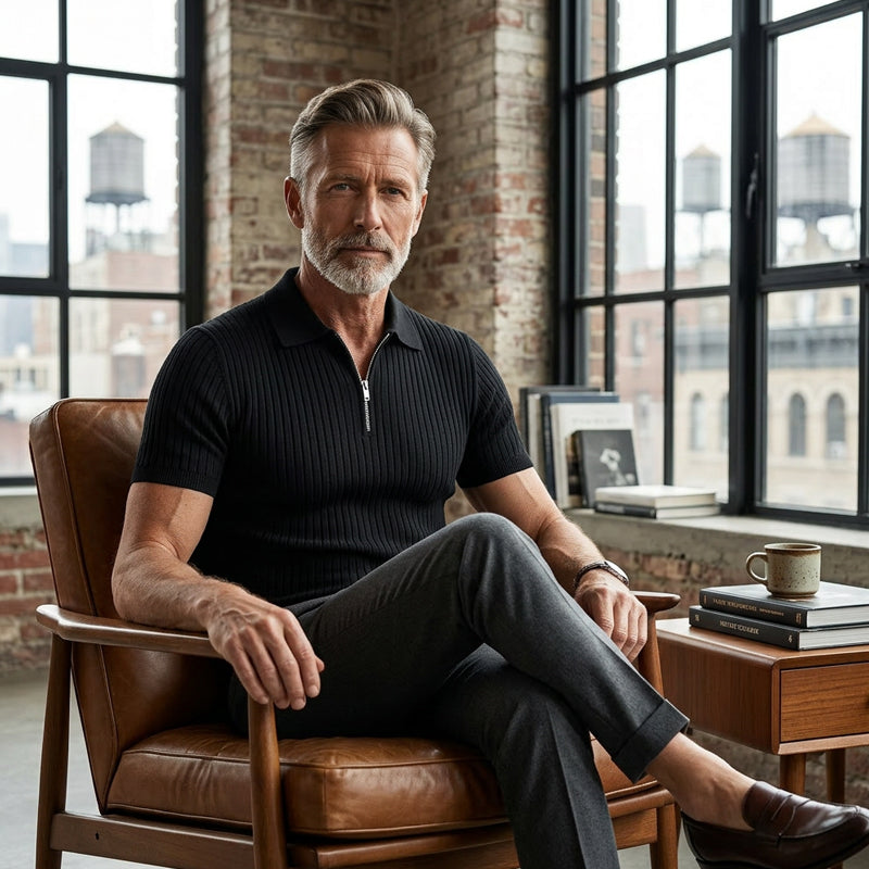 👕 LIMITED-TIME 50% OFF! ⚡ Men’s Ribbed Zip-Up Shirt – Muscle Fit, Stretch Knit, Modern Collar 🆒