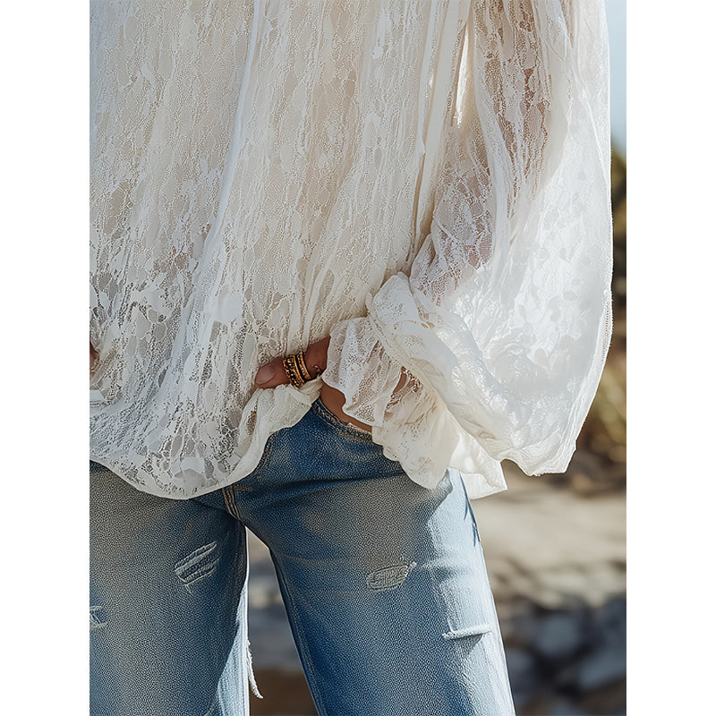 🌸 LIMITED-TIME 50% OFF! ✨ Women's Bohemian Off-Shoulder Lace Top – Sheer, Flowy, Romantic ☀️