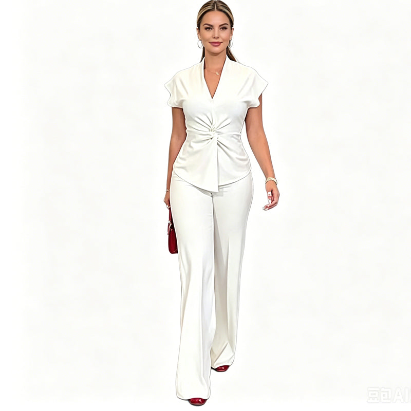 Women's Elegant V-Neck Top & Wide-Leg Pants Set