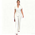 Women's Elegant V-Neck Top & Wide-Leg Pants Set