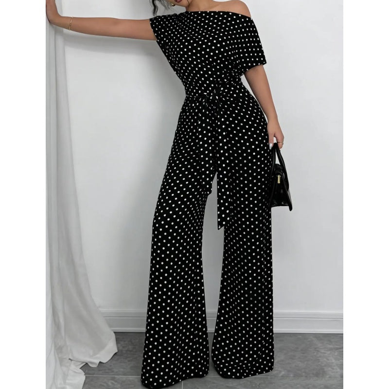 👖 LIMITED-TIME 50% OFF! ✨ Elegant Asymmetrical Polka Dot Jumpsuit – Wide Leg, Waist Tie, 3 Colors 🍷