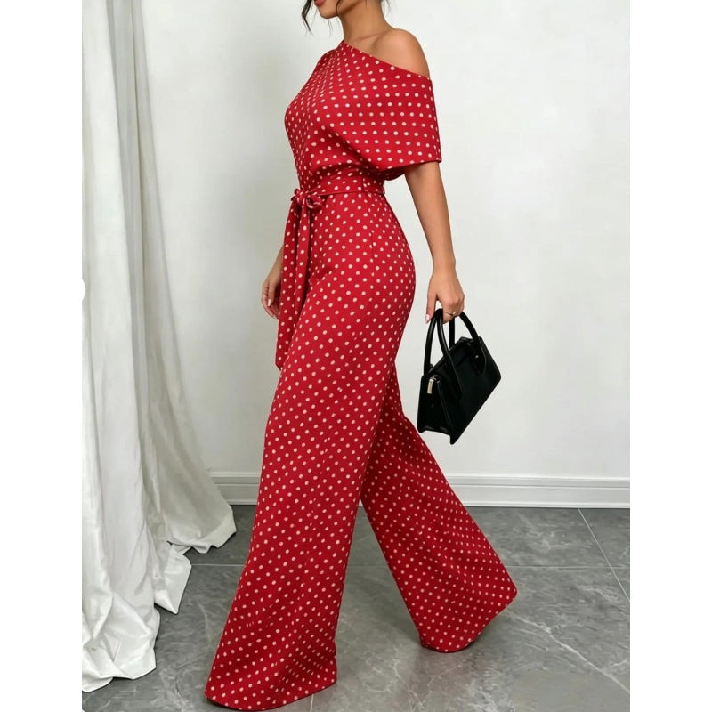 👖 LIMITED-TIME 50% OFF! ✨ Elegant Asymmetrical Polka Dot Jumpsuit – Wide Leg, Waist Tie, 3 Colors 🍷
