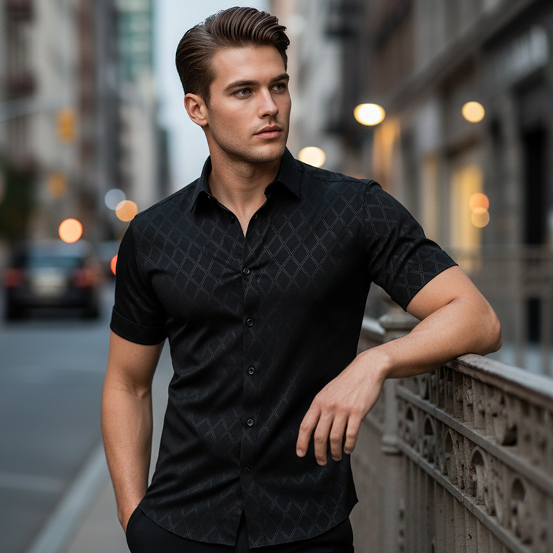 🖤 Men's Textured Black Shirt – Diamond Jacquard & Athletic Fit – Stylish Essential 🔥