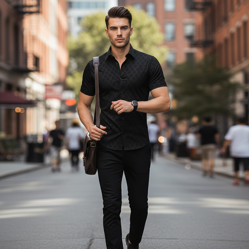 🖤 Men's Textured Black Shirt – Diamond Jacquard & Athletic Fit – Stylish Essential 🔥