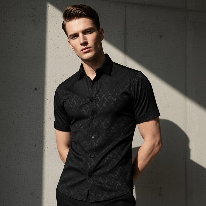 🖤 Men's Textured Black Shirt – Diamond Jacquard & Athletic Fit – Stylish Essential 🔥