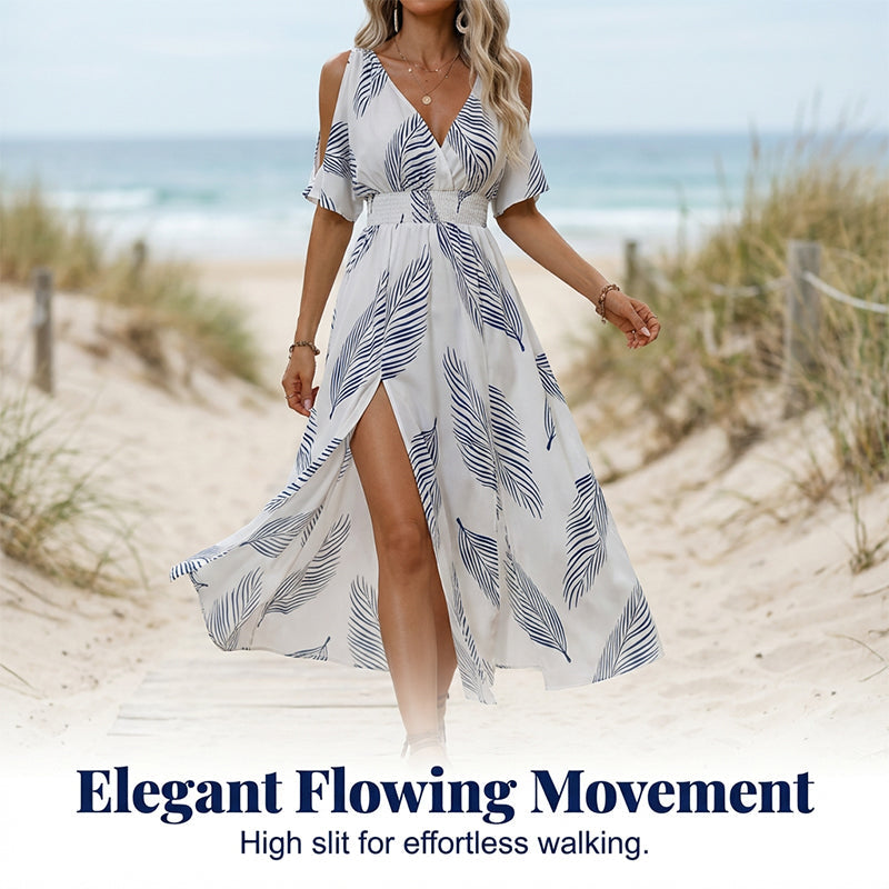 Cold Shoulder Tropical Print Split Maxi Dress