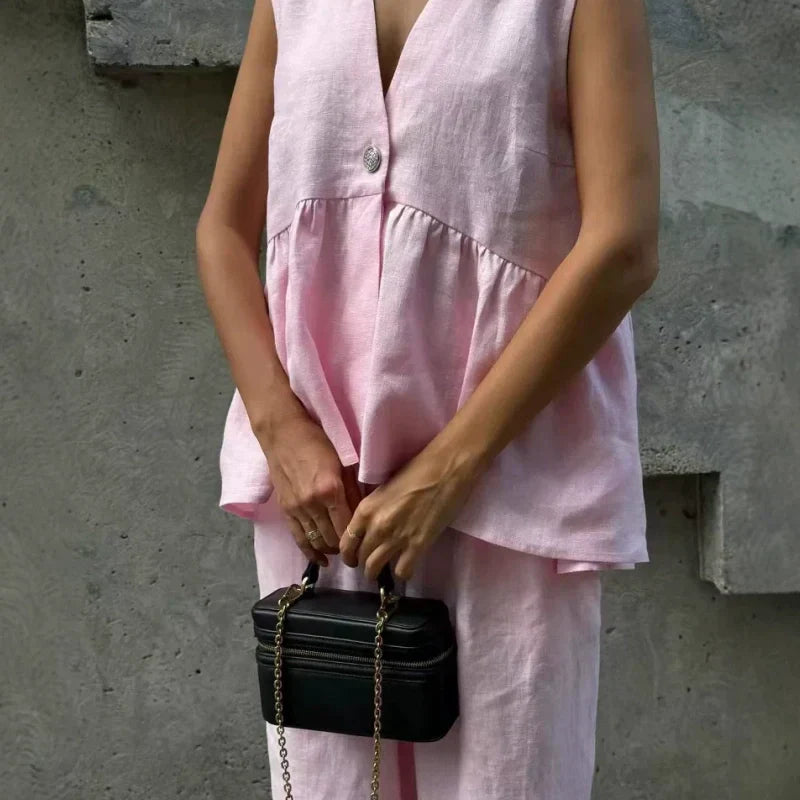Solid Color V-Neck Sleeveless Top & Wide Leg Pants Two-Piece Set