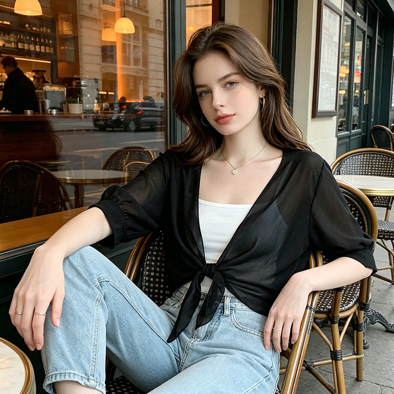 🦋 LIMITED-TIME 50% OFF! ✨ Women's Chiffon Tie-Front Top – Sheer, Cropped, Elegant 🍃