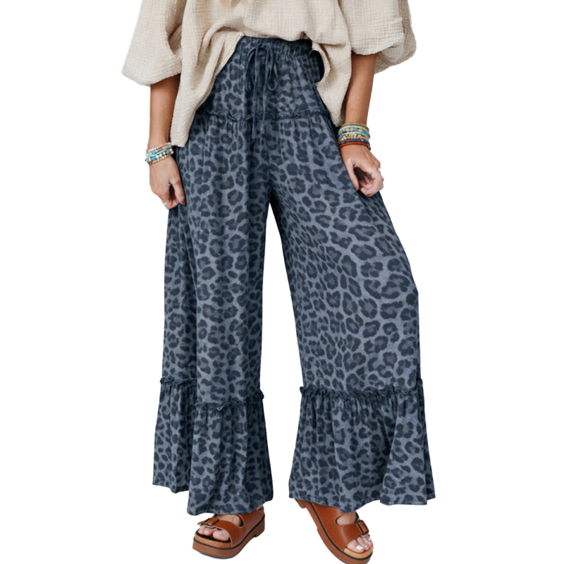 🐆 LIMITED-TIME 50% OFF! ✨ Women's Leopard Print Pants – Ruffle Hem, Wide-Leg, Chic 🌿