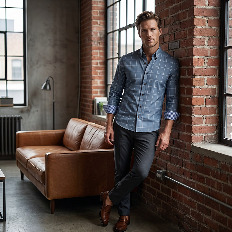 ✨Men's Modern Fit Windowpane Shirt – Contrast Details, Button-Down, Premium Blend 🍁