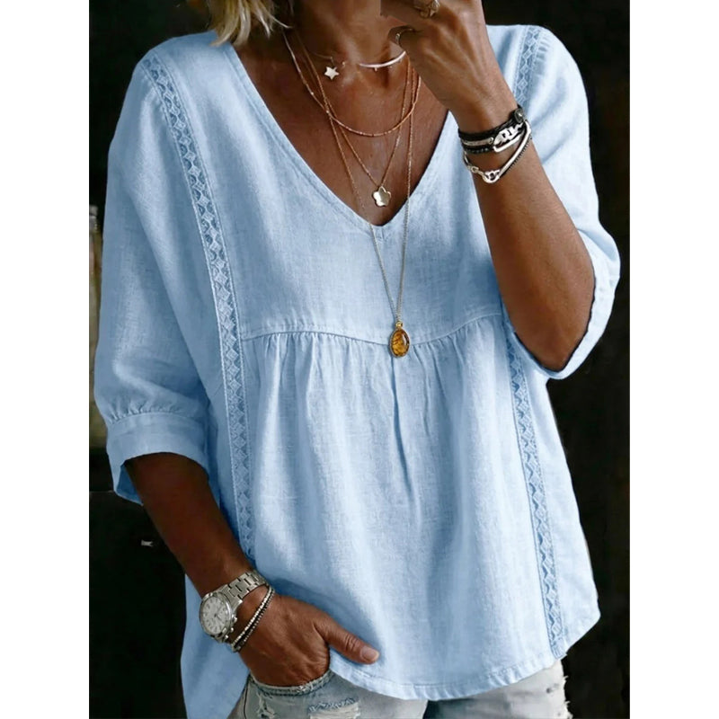 Women’s Lace-Trim V-Neck Top – Bohemian Charm, Empire Waist, 3/4 Sleeves 🌼