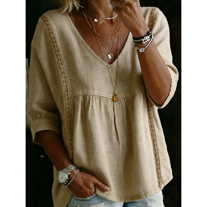 Women’s Lace-Trim V-Neck Top – Bohemian Charm, Empire Waist, 3/4 Sleeves 🌼