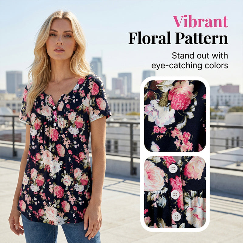 🌸Women’s Flowy Floral Button-Up Tee – Casual, Breezy, Versatile