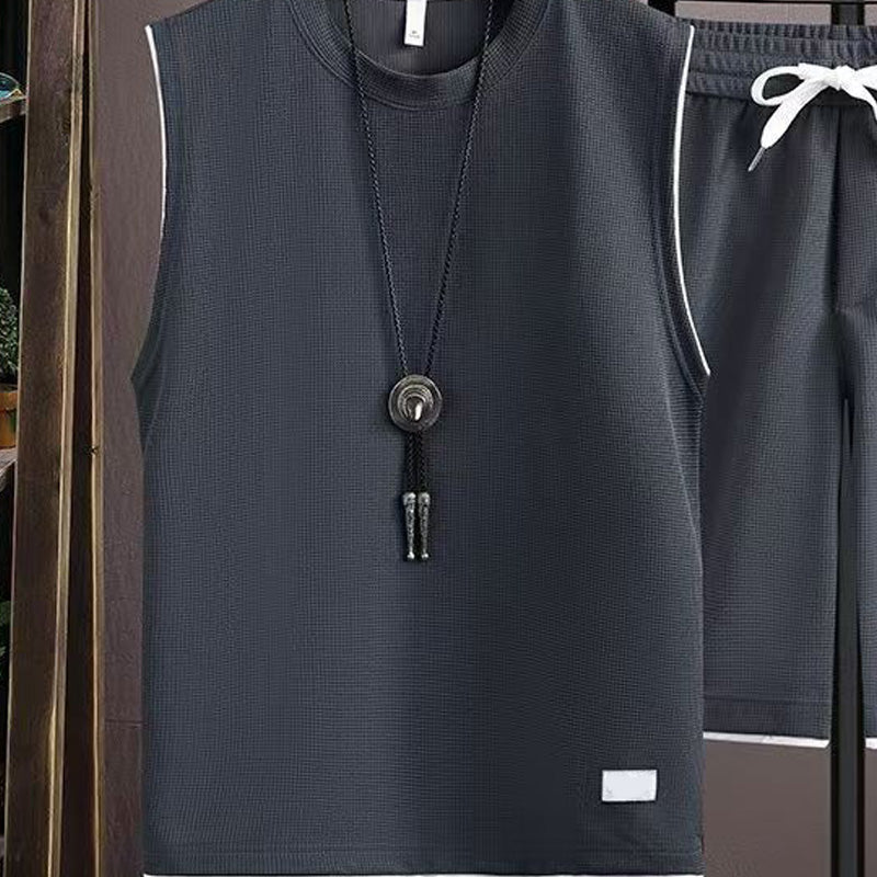 ✨ Men’s Minimalist Tank & Shorts Set – Waffle Knit, Drawstring Waist, Coordinated 🌿