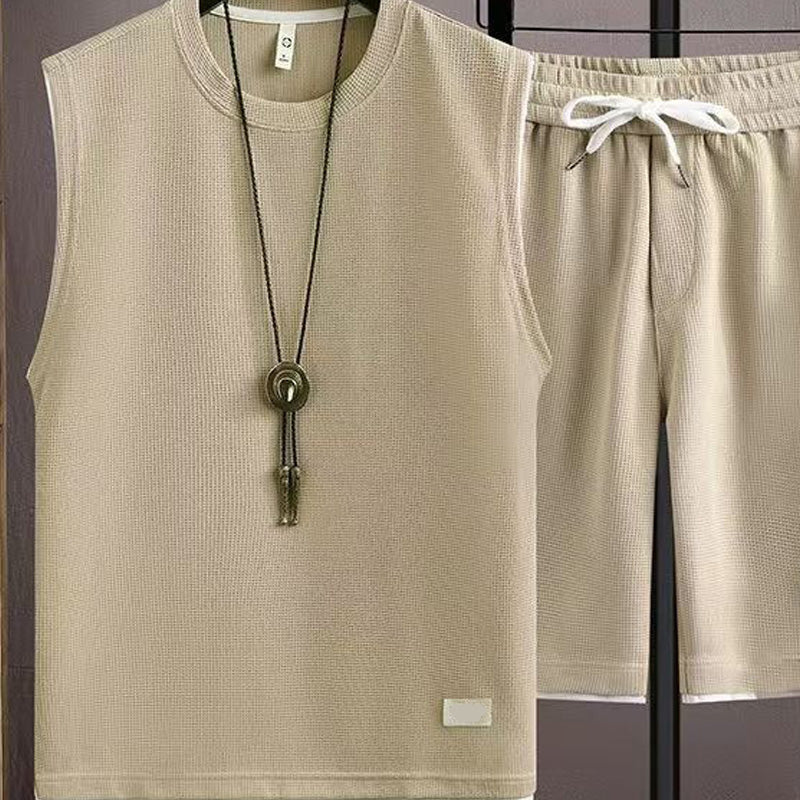 ✨ Men’s Minimalist Tank & Shorts Set – Waffle Knit, Drawstring Waist, Coordinated 🌿