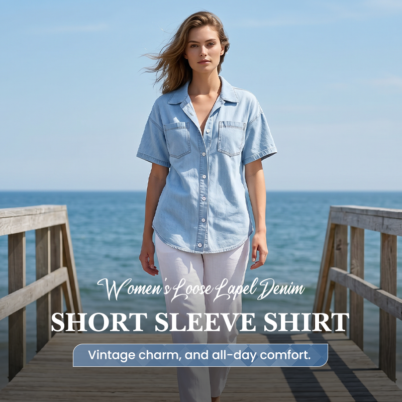 Women's Loose Lapel Denim Short Sleeve Shirt