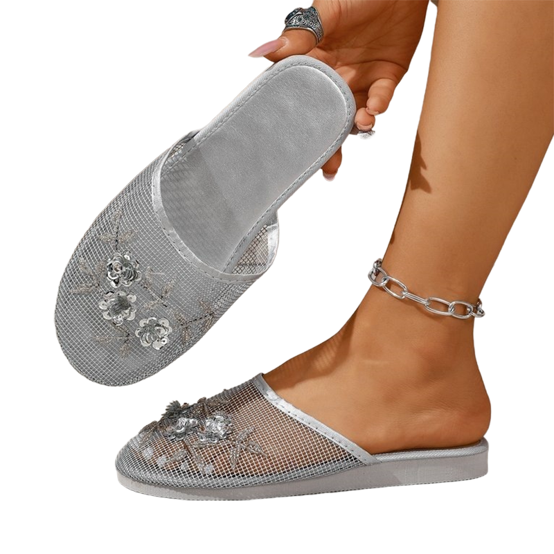 ✨ Floral Embroidered Mesh Slippers – Elegant, Soft, Breathable 👣