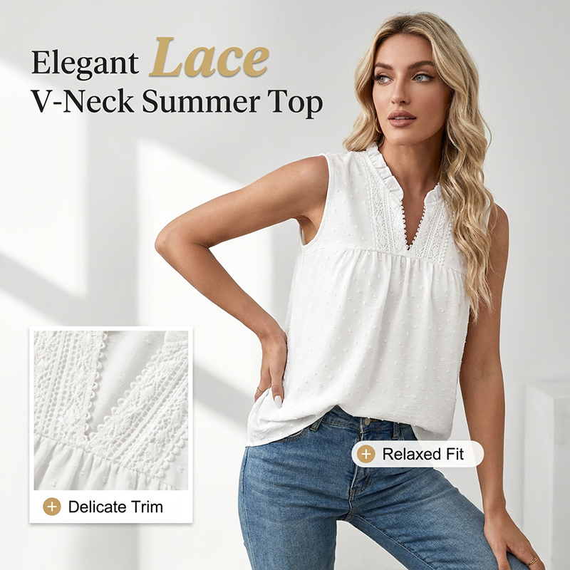 👚 LIMITED-TIME 50% OFF! ✨ Polka-Dot Sleeveless Top – Lace V-Neck, Ruffled, Babydoll Fit 🌼