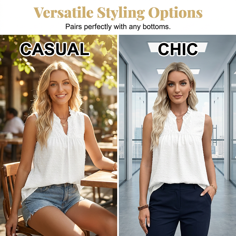 👚 LIMITED-TIME 50% OFF! ✨ Polka-Dot Sleeveless Top – Lace V-Neck, Ruffled, Babydoll Fit 🌼