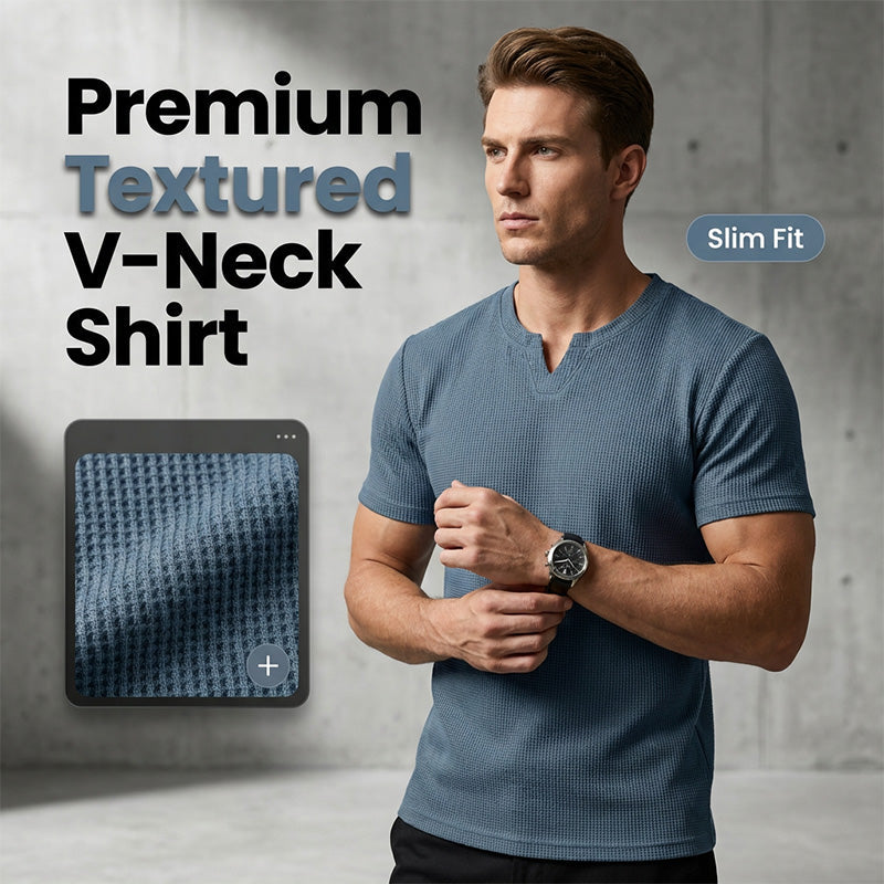 ✨ Men's V-Neck Short-Sleeve Shirt – Slim Fit, Modern & All-Day Fresh – Breathable Textured Knit, Notch Collar ☀️