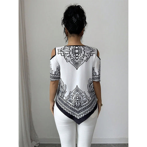 Boho Chic Cold Shoulder Top Irregular Hem Short Sleeve Tee