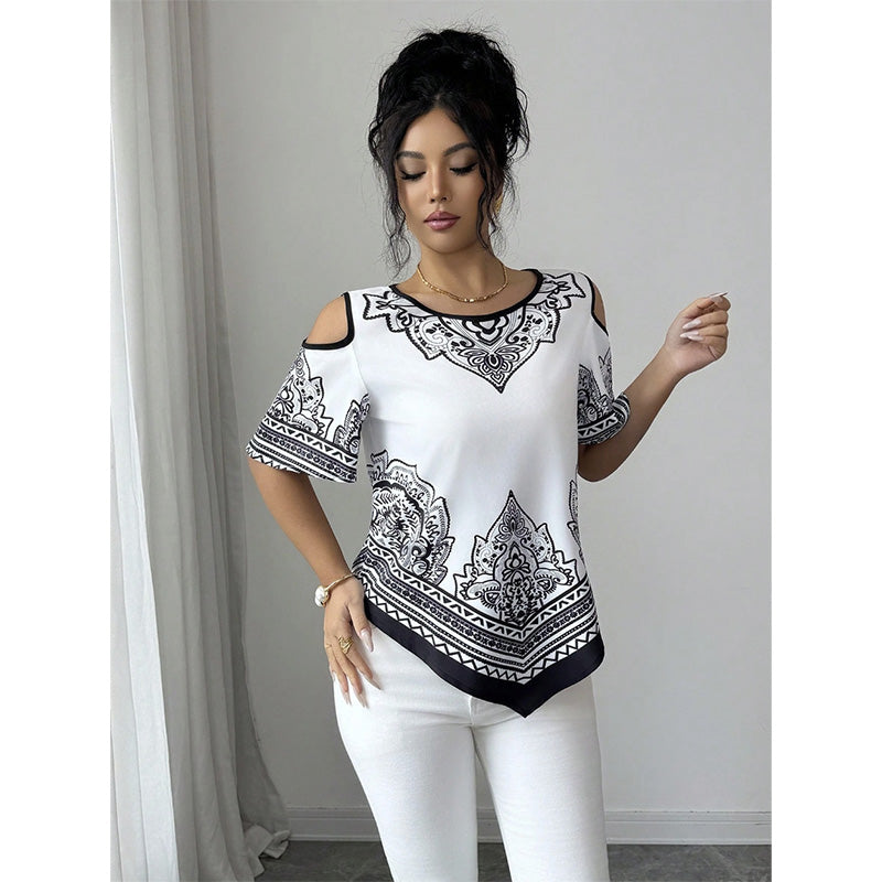 Boho Chic Cold Shoulder Top Irregular Hem Short Sleeve Tee