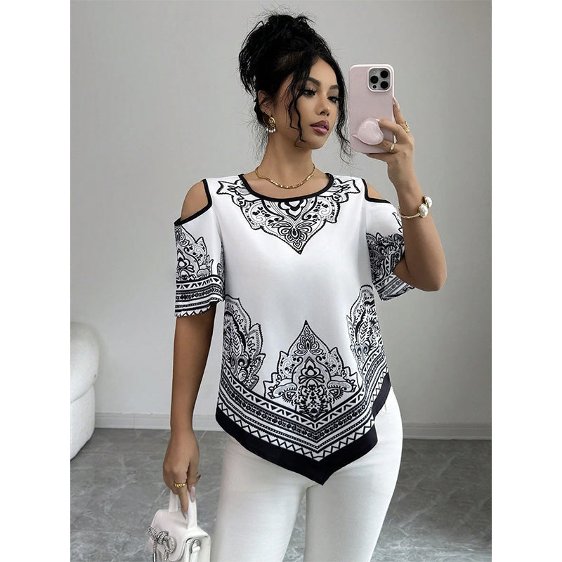 Boho Chic Cold Shoulder Top Irregular Hem Short Sleeve Tee