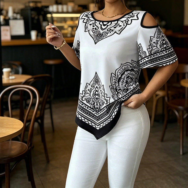 Boho Chic Cold Shoulder Top Irregular Hem Short Sleeve Tee