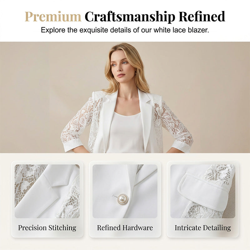 🤵‍♀️ LIMITED-TIME 50% OFF! ✨ White Lace Blazer – Slim Fit, 3/4 Sleeve, Elegant Transition 👑