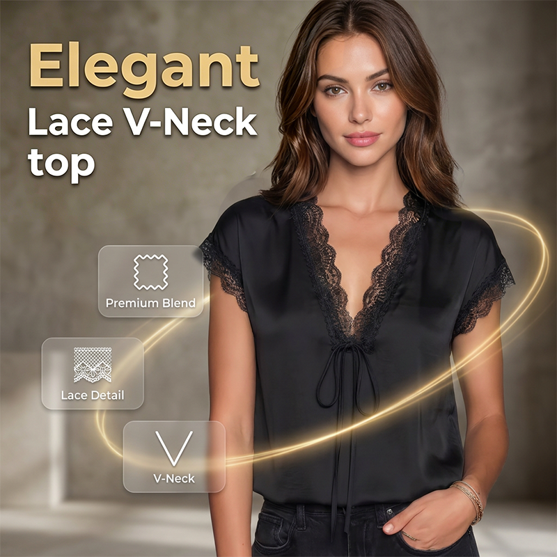 ✨ Women's V-Neck Lace Top – Short Sleeve, Elegant, Day to Night 🌸