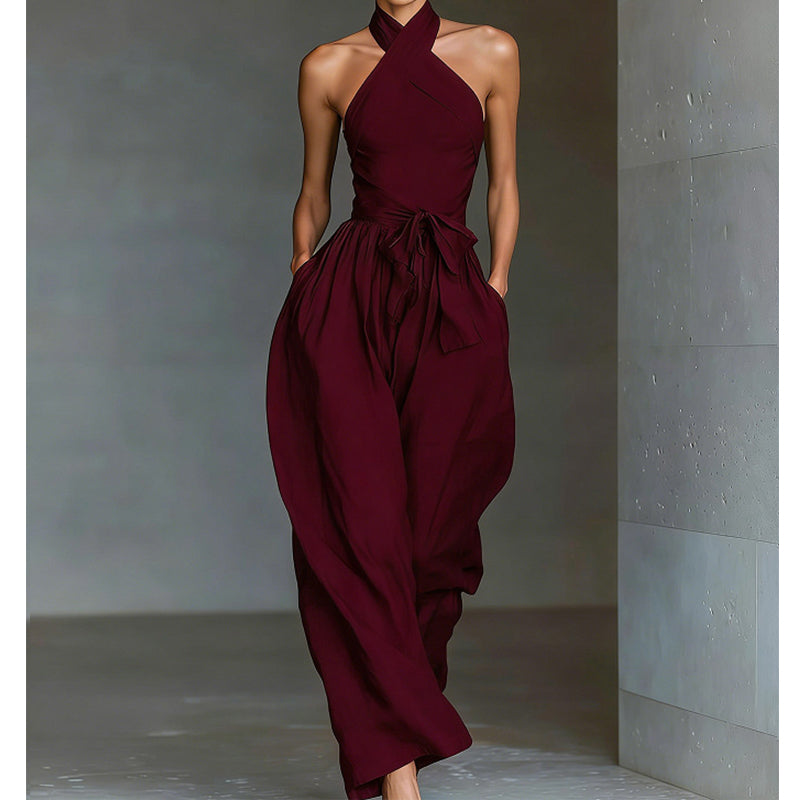 Elegant Halter Sleeveless Jumpsuit with Waist Tie