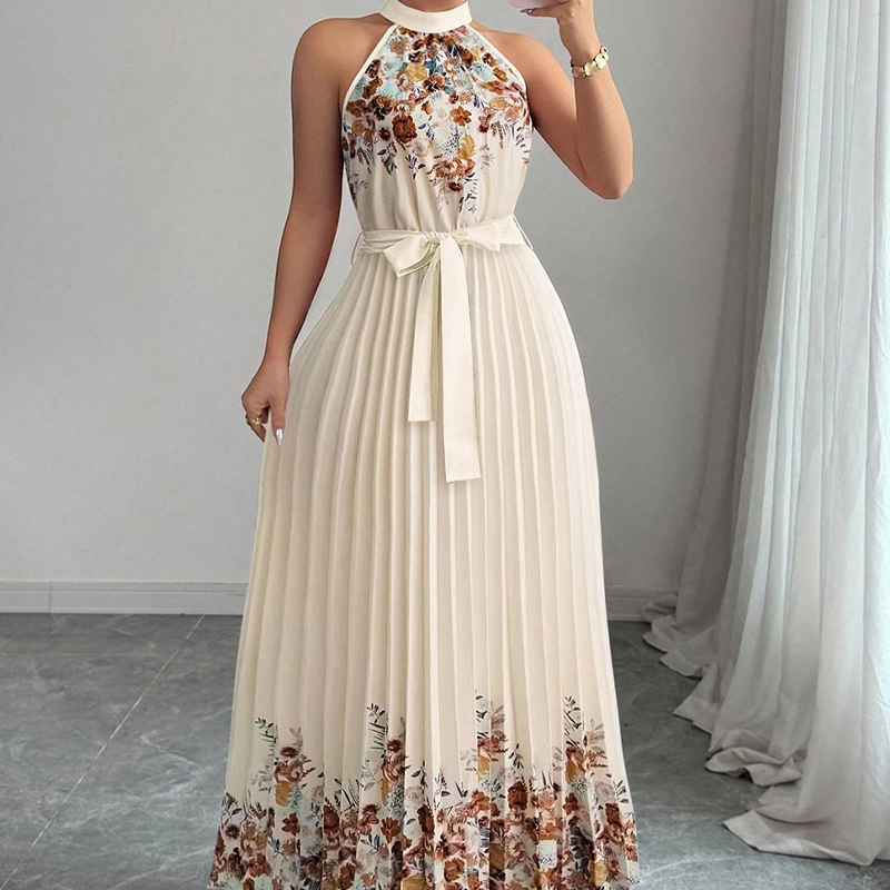 Sleeveless Halter Neck Floral Pleated Maxi Dress